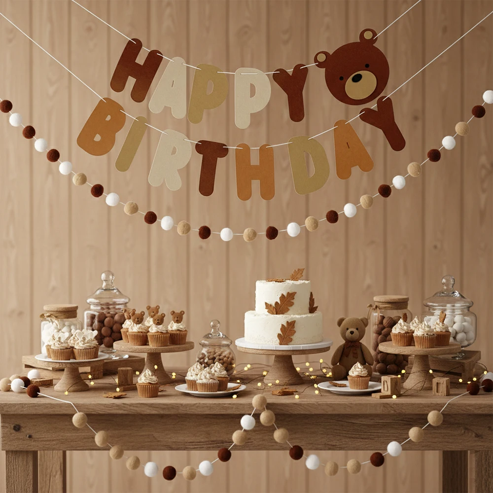 Bannière en feutre Joyeux Anniversaire Ours, Guirlande de boules neutres, Thème Forêt Bohème, Décorations et fournitures pour fête d'anniversaire Ours et baby shower