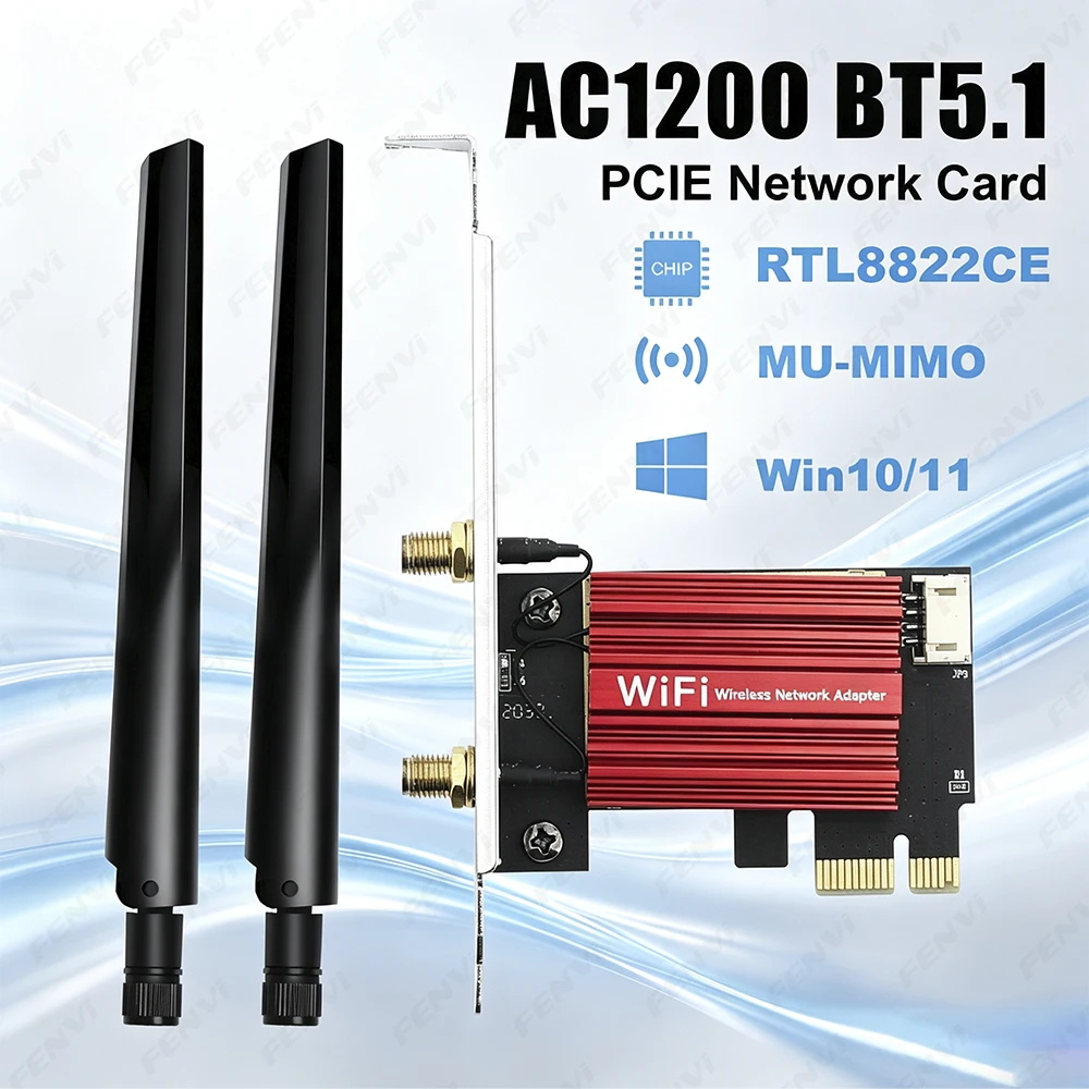AC1200 PCIe WiFi Bluetooth 5.1 Wireless Adapter Dual Band 2.4G/5GHz Network Card RTL8822CE MU-MIMO for Windows 11/10 Desktop PC