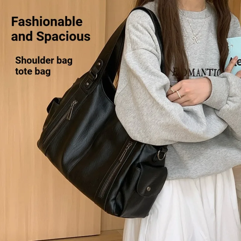 

Новая женская сумка-тоут большой вместимости для ношения через плечо, 2026, новая универсальная черная текстурированная сумка в ретро-стиле на одно плечо