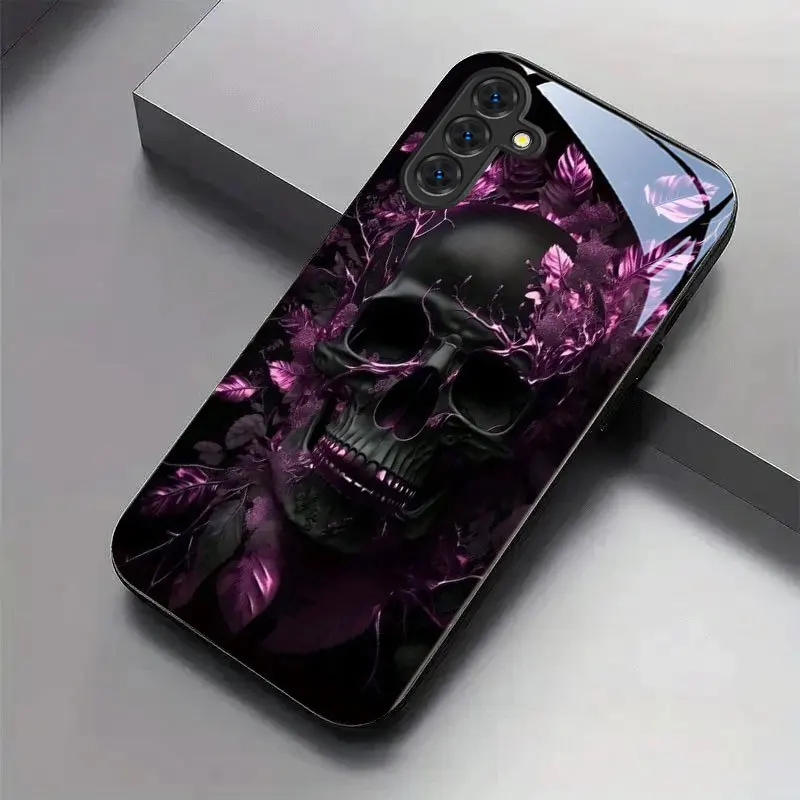 New Black Phone Case with Purple Leaf and Black Skull Pattern for Samsung Galaxy S26 Ultra/S25+/S24/S23/S22Ultra/S21