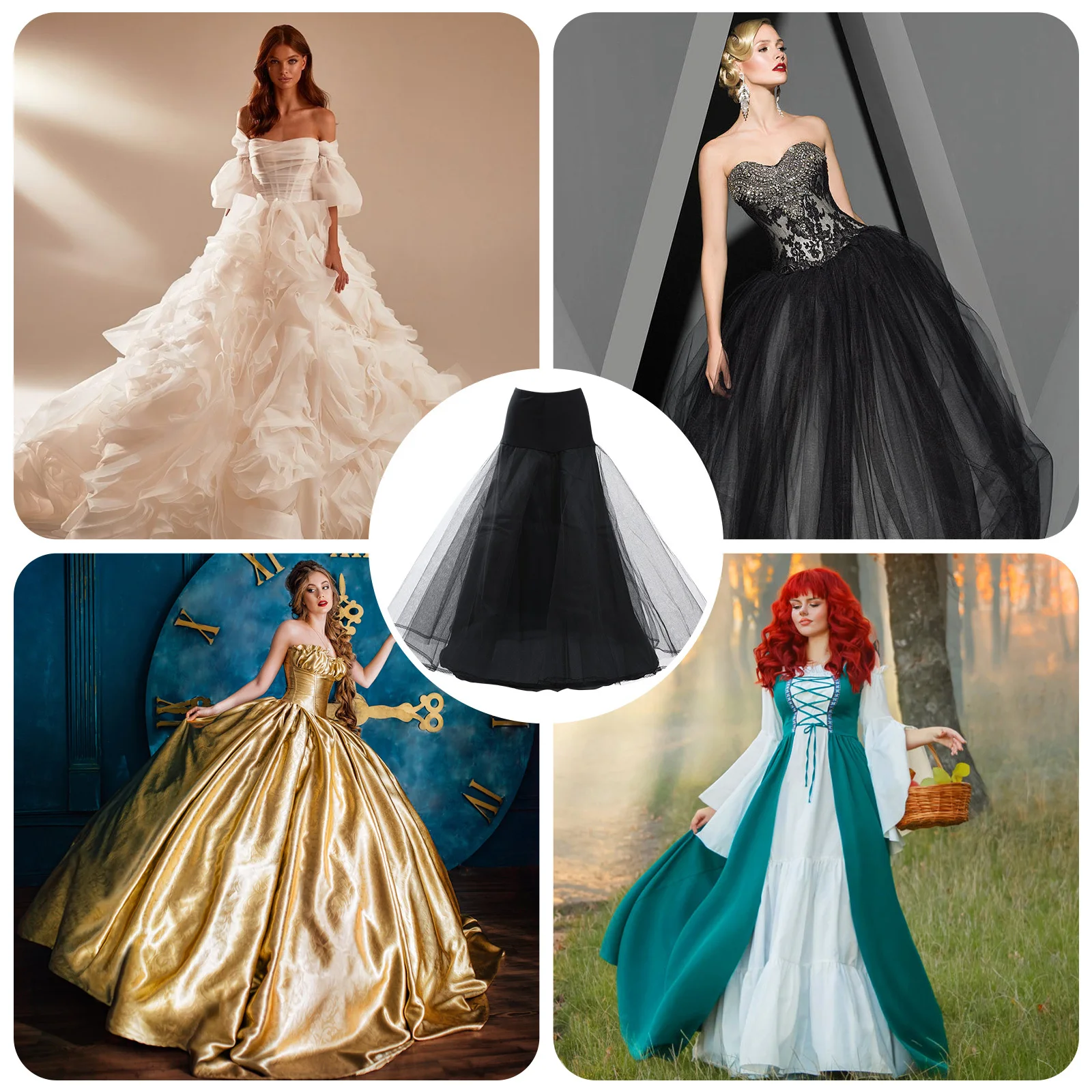 

Bride Petticoat Underskirts Wedding Double Layers Bridal Dress Elastic Waistband Straps Black Full Shape