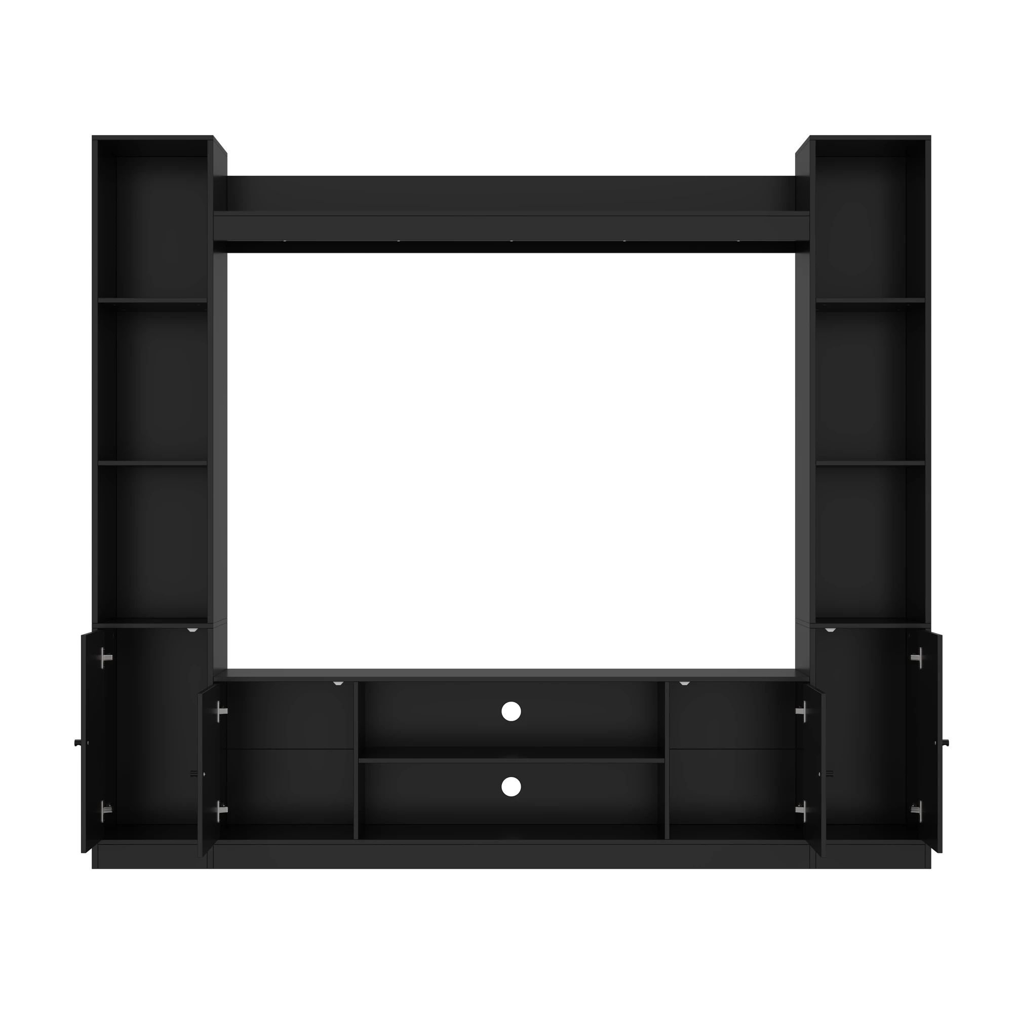 

modern wall unit 4-door TV stand with 4 cabinets & open shelves, media console entertainment center, black