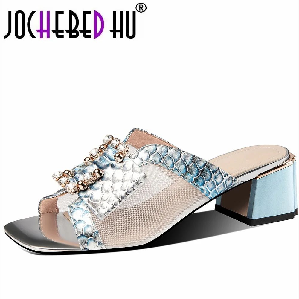 【JOCHEBED HU】Diamond sandals women\'s new genuine leather high heels sexy fashion shoes fashion sandals thick heels beach 33-43