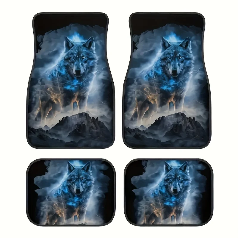 4pcs Wolf-Themed Car Floor Mats - Mystical Mountain & Forest Design, Durable All-Season Protection For Front & Rear Seats, Styli