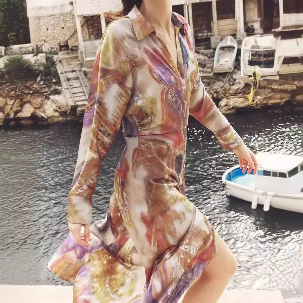 2024ZAR Spring/Summer New Women's European and American Style Layered Tone Printed Silk Satin Texture Dress