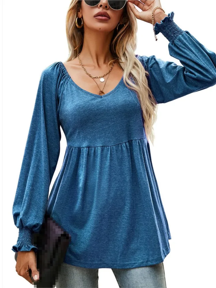 Women's Autumn Winter New Sexy V-neck Solid Color Fashionable Bubble Long Sleeved Waistband Casual Top T-shirt