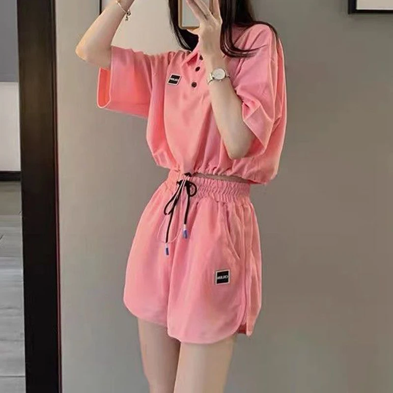 2 Piece Sets Women 2024 Summer Trendy Polo Collar Short Sleeve Sexy Crop Tops Y2K Female Solid Loose Sports Jogger Shorts Outfit