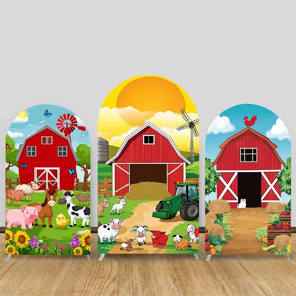 

Custom 2-Sided Farm Barn Blue Sky Clouds Pattern Kids Birthday Bay Shower Covers Chiara Arch Background Decor Backdrop Photo