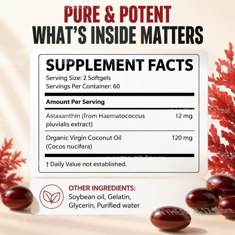 Astaxanthin Softgels From Microalgae Promotes Collagen Production Soy Free Gluten Free Non GMO Triple Strength 120 Softgels