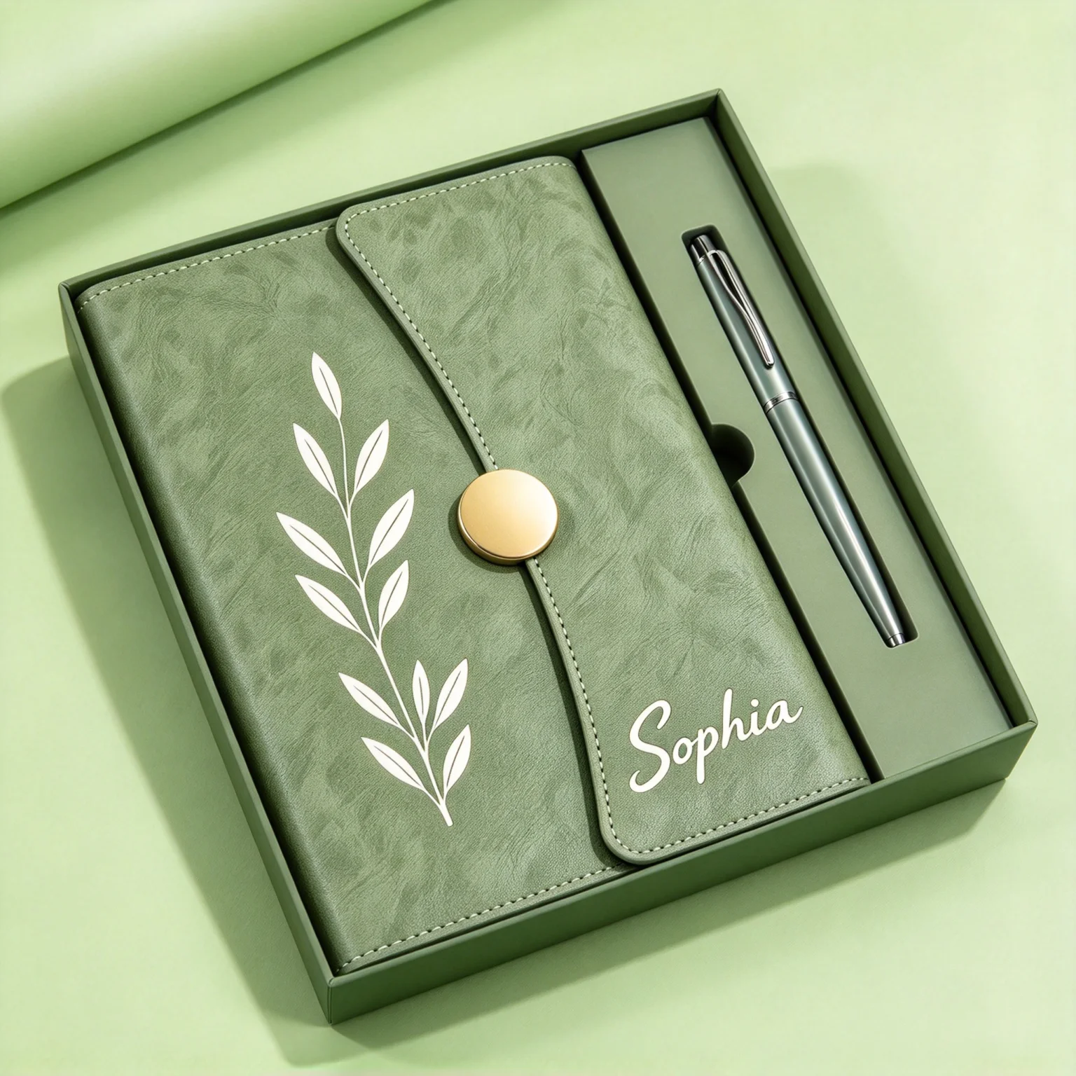 Personalized Name Notebook Pen Gift Set White Leaf Branch Print Green PU Journal Customized Stationery Box for Office Business