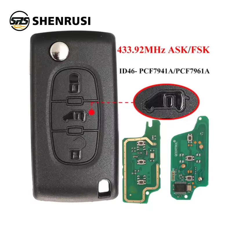 SHENRUSI – clé de voiture à distance rabattable ID46, 433Mhz, pour citroën expédition Berlingo Peugeot Expert Partner 207 307 308 3008 Ce0523/536