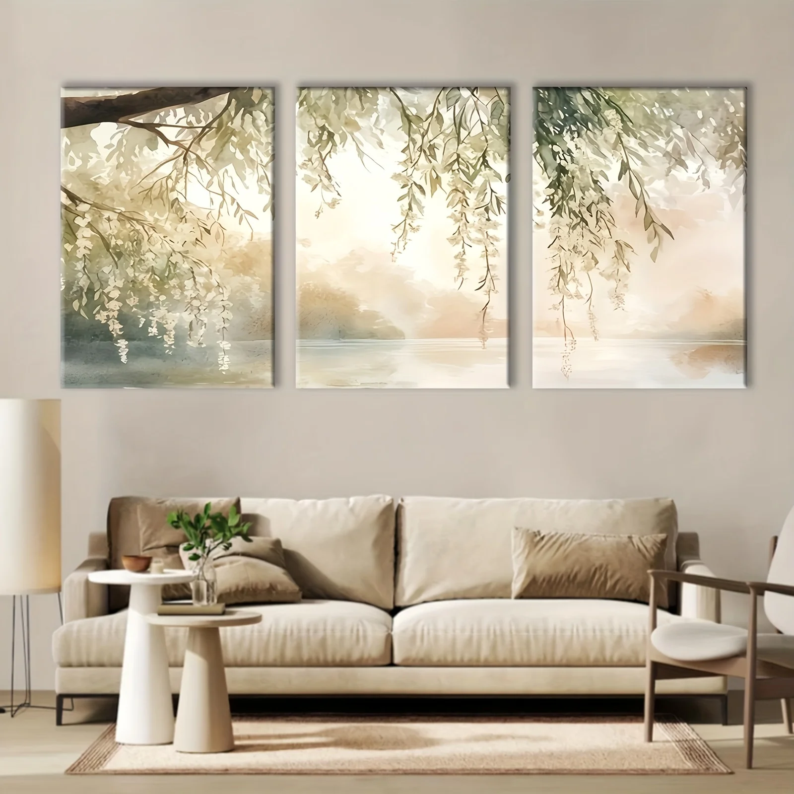 3PCS Frameless Watercolor Willow Tree Canvas Wall Art Soft Neutral Lake Landscape Home Decoration