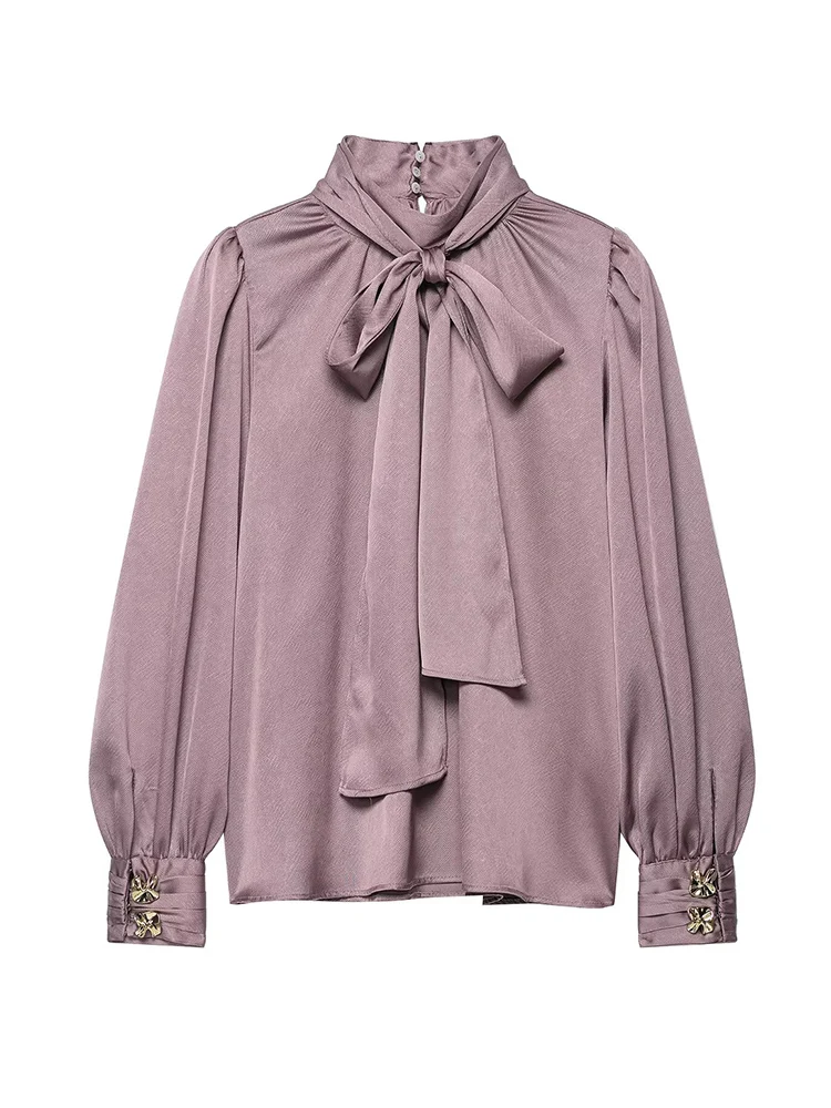 Elegant Office Lady Bow Solid Shirts Women Clothing Autumn New Long Sleeve Turtleneck Pullover Blouses Top Female Fashion