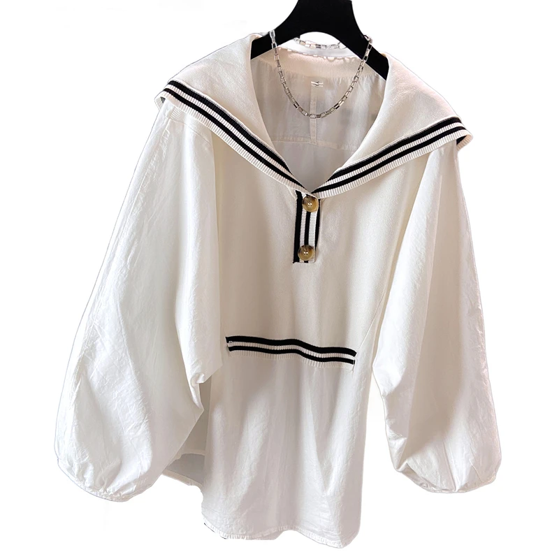 Spring 2024 Summer Preppy Style Women's Shirts Loose Plus Size Sailor Collar Lady White Color Tops Long Sleeve Female Blouse K96