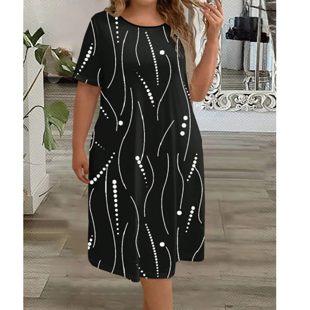 

Летнее женское платье большого размера с короткими рукавами, простой повседневный принт и модное платье с круглым вырезом