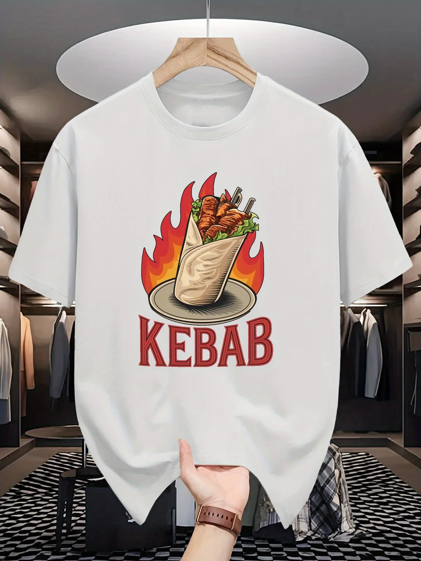 KEBAB Men's Summer Short-Sleeve T-Shirt, Fashionable Trendy Printed Shirt, Men's Casual Crew Neck Top, Suitable for Spring and Summer for Male Teenagers