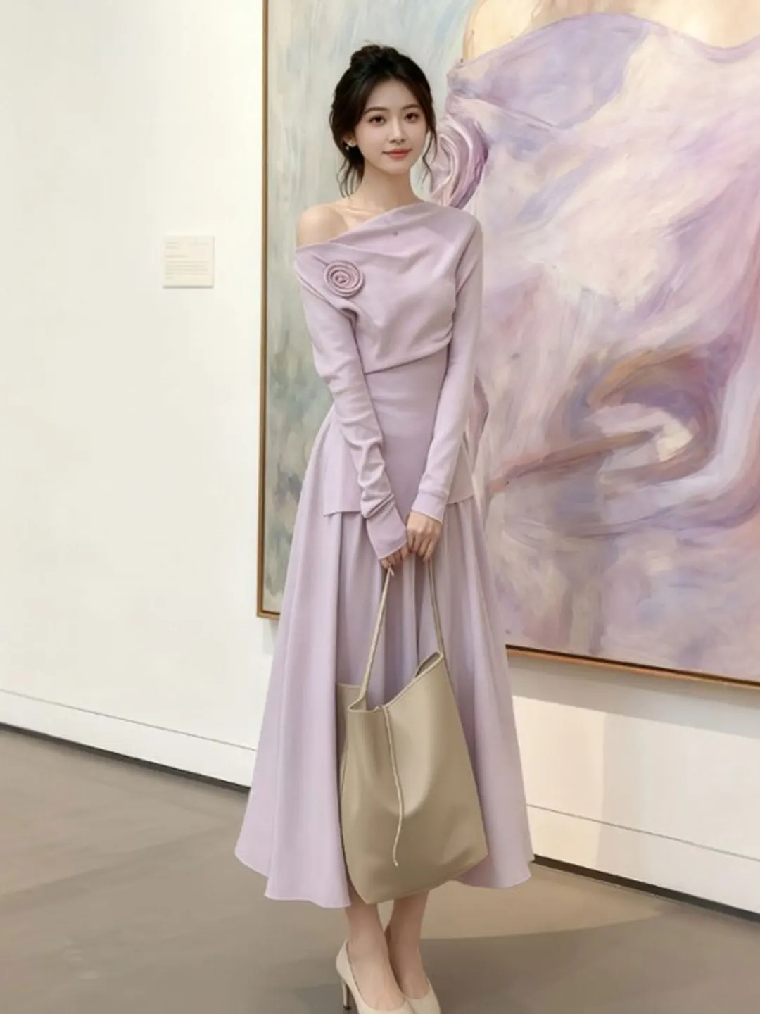 

Chic Knitted Off-Shoulder Top And Skirt Set Gentle Style Beautiful Spring Fashion Casual Comfortable Long Sleeve High Waist