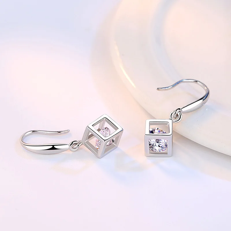 925 Sterling Silver Women\'s High Quality Jewelry Crystal Zircon Hollow Square Box Drop Earrings New Fashion XY0064