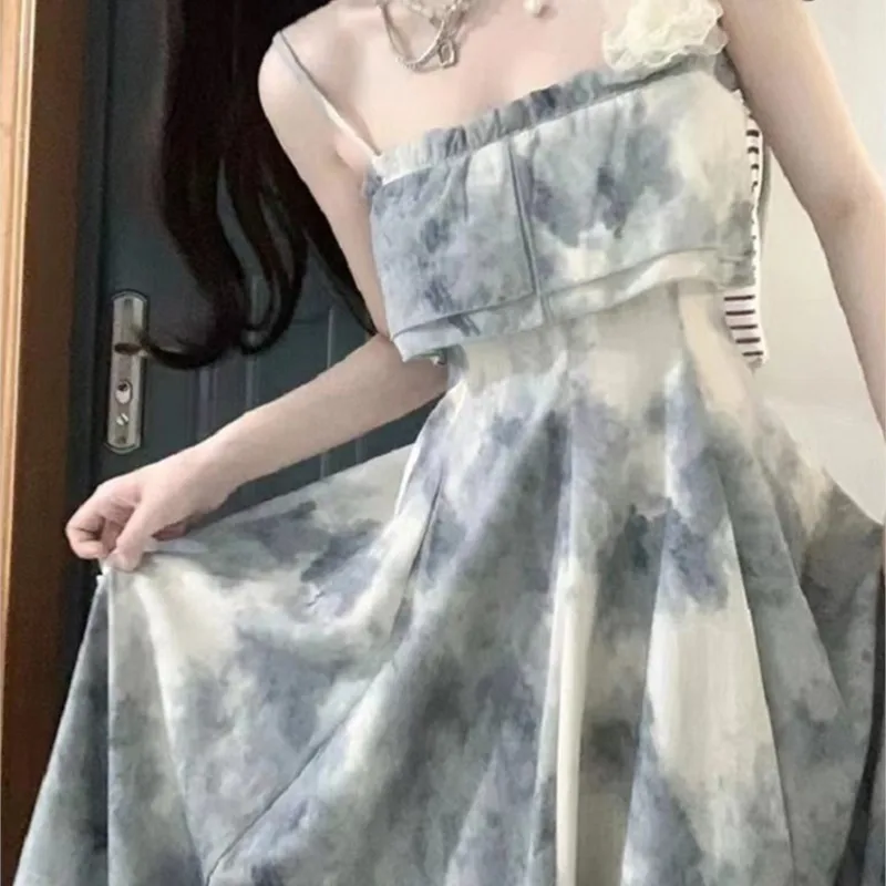 

Ink Printing Bandeau Sling Dress Children's Small Waist-Tight Fairy Seaside Vacation