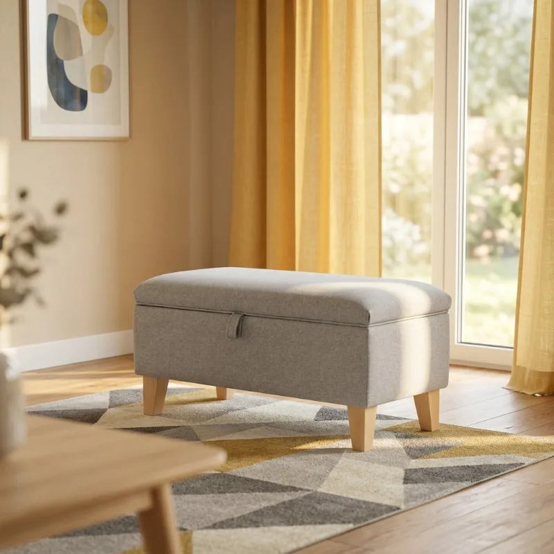 Modern Ainsley Fabric Upholstered Ottoman Bench Storage Stools with Tufted Design for Living Room Hotel Apartment & Bathroom Use