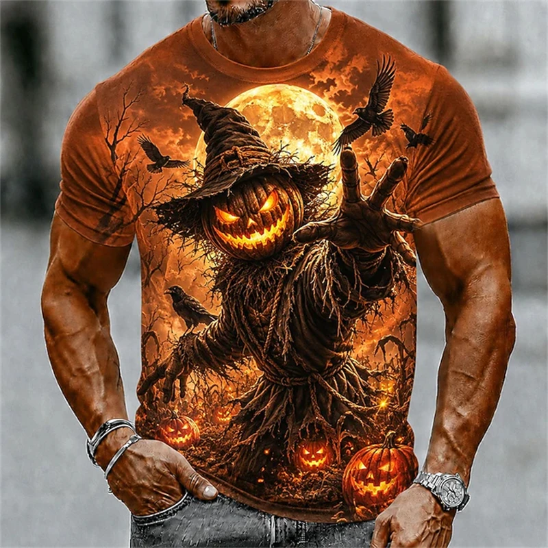 2026 Halloween Horror-Themed Men's T-Shirt: Full Moon Night Scarecrow Ravens and Pumpkins 3D Print Crew Neck Short-Sleeve Top