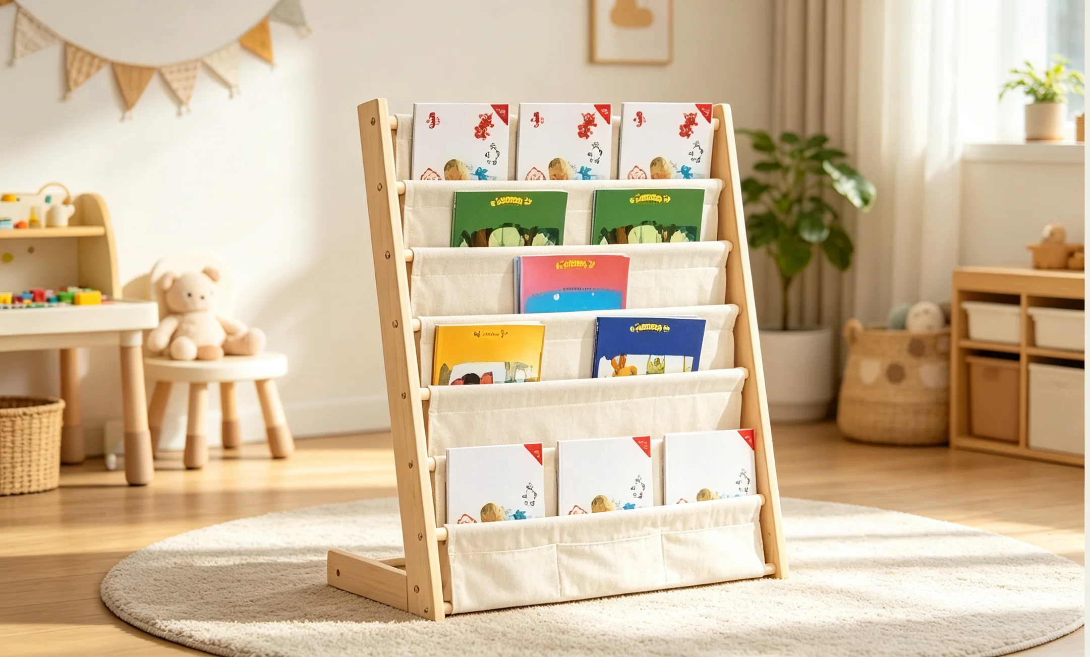 Kinder-Leseregal, Kinderbibliothek, Regal aus Holz und Stoff, für Kinderzimmer, Schlafzimmer, Kindergarten, Schule, 75x30x76 cm – Detail 1