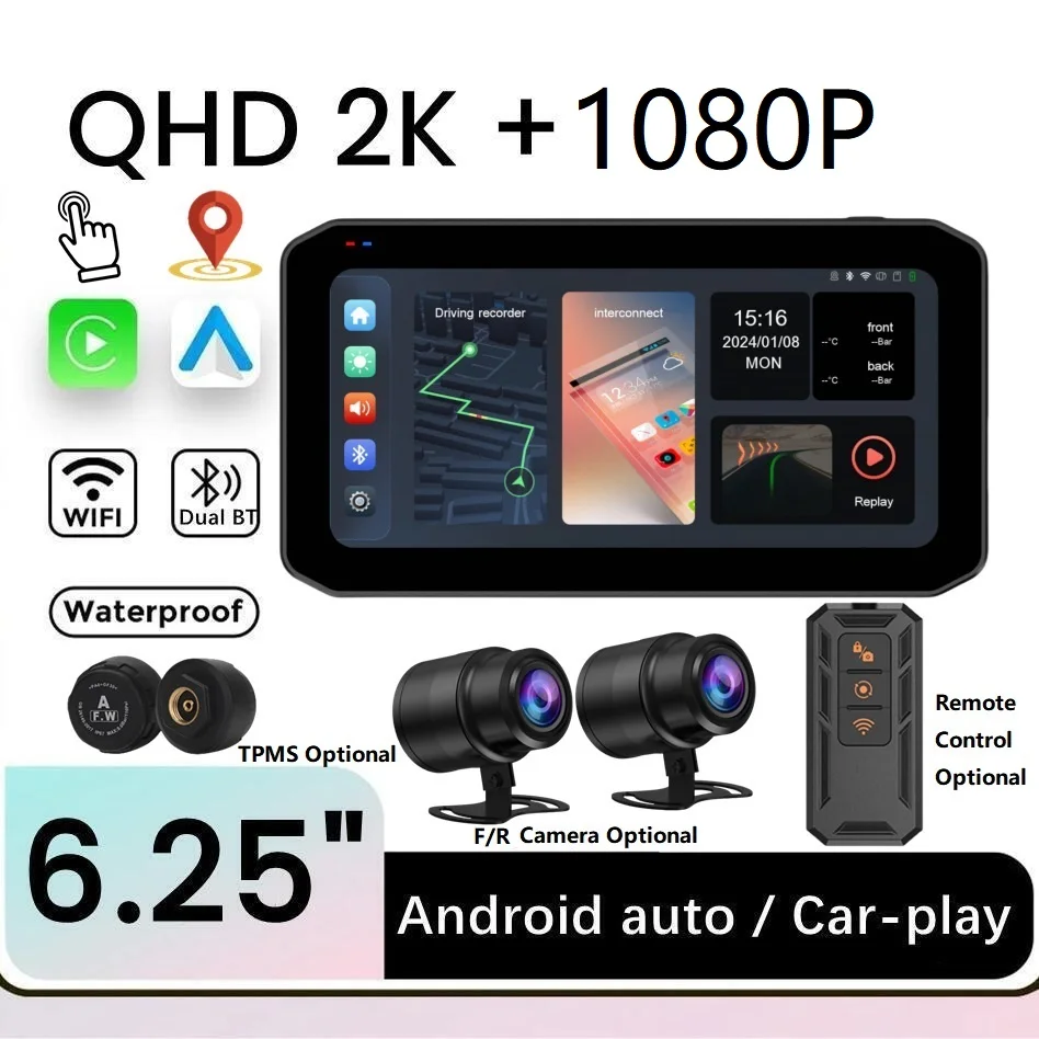 New 6.25 Inch Motorcycle Carplay 1000nit IP65 Waterproof Motorcycle Navigation Screen Dual Bluetooth WiFi Wireless Android-Auto