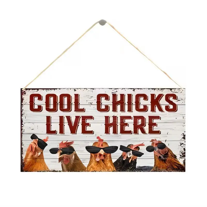 Vintage Distressed Wooden Sign Cool Chicks Live Here - Sunglasses Chickens, Rustic Farmhouse Decor for Chicken Coop, Farm, Home