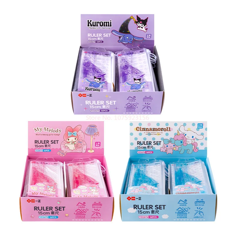 16pcs Sanrio Rulers Set 15cm Cartoon Ruler Triangular Rule Straightedge Students Exam Set Kuromi Cinnamoroll Student Supplies