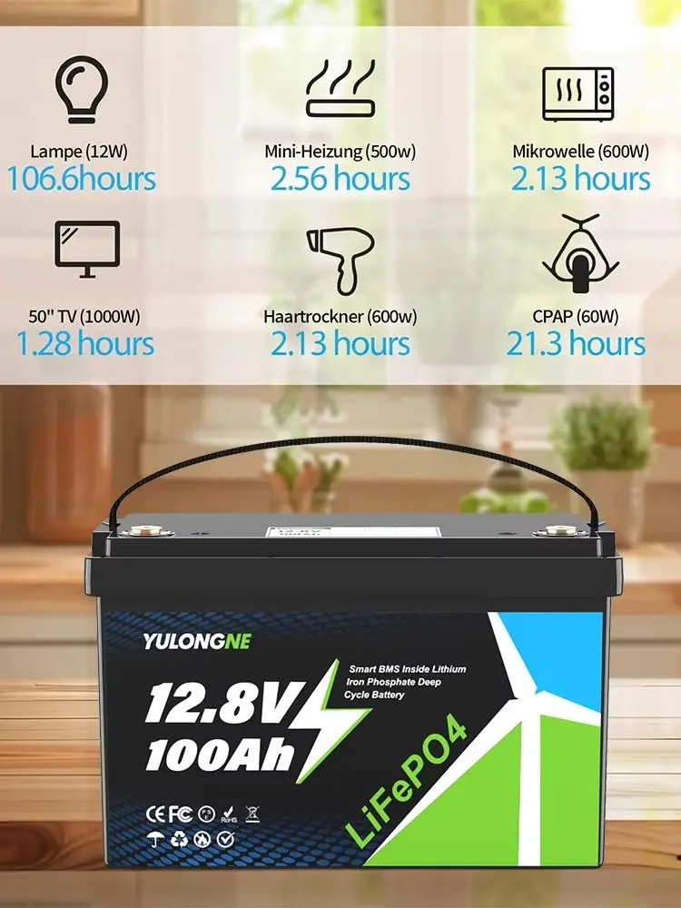 YULONGNE 12,8V 100Ah LiFePO4 Batterie mit integriertem Smart BMS, Lithium-Tiefzyklusbatterie für Solar, Wohnmobile, Boote, netzunabhängige Energiespeicherung, EU-Lagerbestand