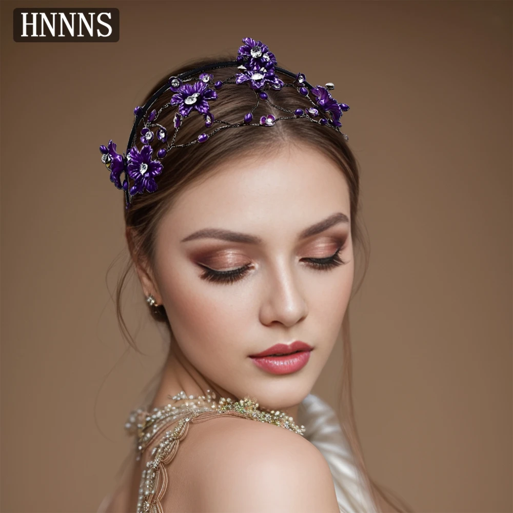 

HNNNS Purple Flowers Pearl Headband Handmade Beaded Headpiece Elegant Women Headdress Glamour Wedding Hair Accessories A155