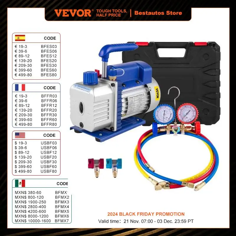 VEVOR 4CFM 1/3HP Vacuum Pump aircon vacuum chamber vacuum drying pump HVAC Refrigeration R22 R12 R134A R502 Aircondition Adapter