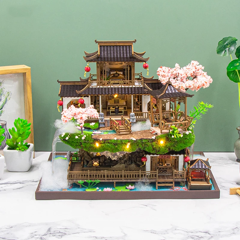 Modello di edificio in miniatura da cortile vintage per casa delle bambole in legno fai-da-te con kit di mobili Grande villa assemblare giocattolo regalo per bambini per adulti