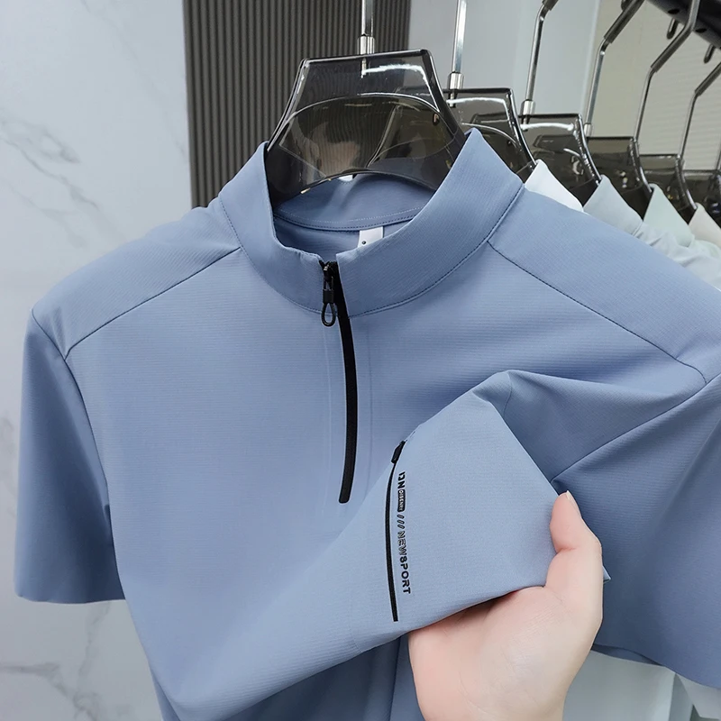 

Unique fake pocket short sleeve men T-shirt luxury half zipper stand collar high-end ice silk breathable solid color summer top