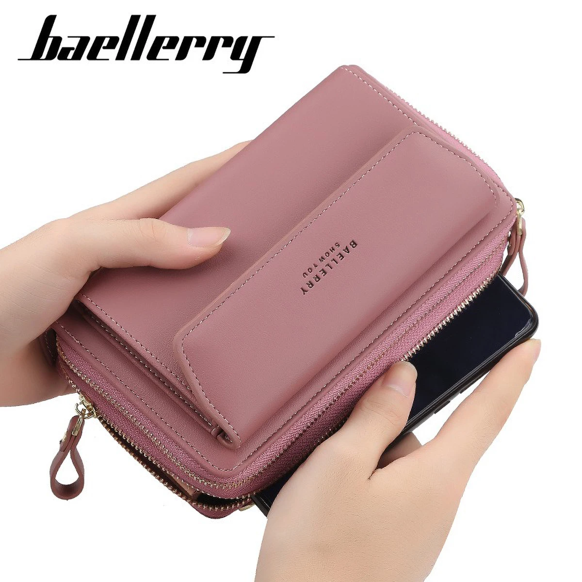 Baellerry Kleine Handy-Umhängetasche mit doppeltem Reißverschluss für Damen, mobile Umhängetasche, RFID-blockierende, kompakte Geldbörse, Freisprecheinrichtung