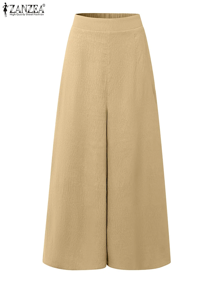ZANZEA レディース カジュアル ワイドレッグパンツ 2025 秋 ルーズ 伸縮性 ハイウエスト クリンクル加工 無地 ズボン パラッツォパンツ