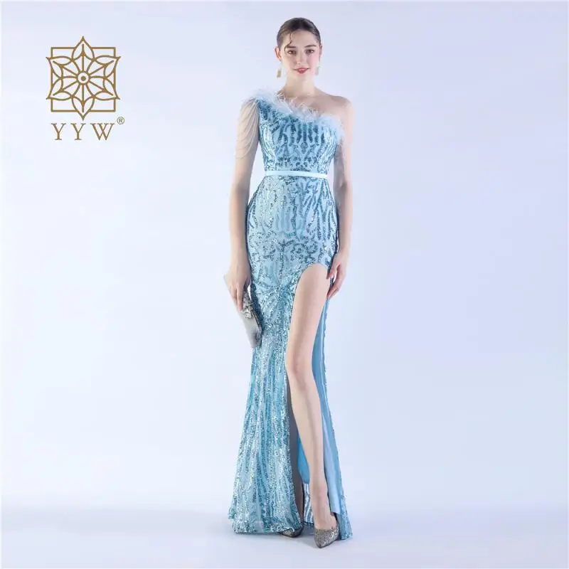 

Luxury Blue Ladies Beading Mermaid Dress Formal Occasion Elegant Women Evening Ball Gowns Sequins Maxi Side Slip Sexy Gala Dress