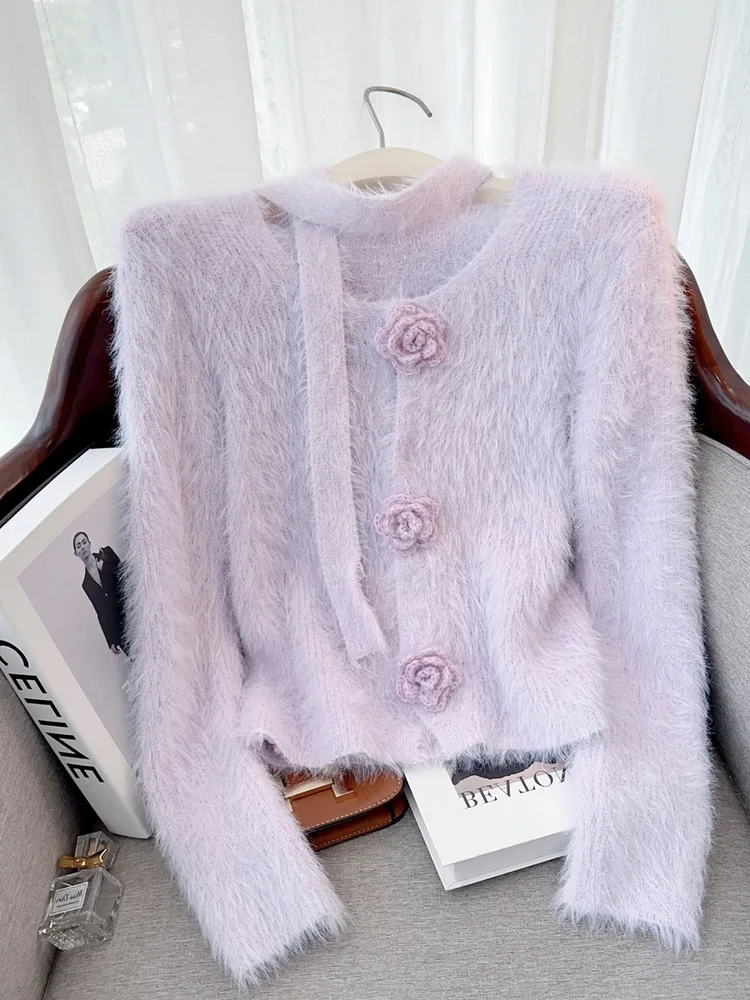 

Sweet Sle Knitted Cardigan Sweater Women's Autumn Long Sve ort Length Warm Plant Floral Patterned Decorative Bow Tie