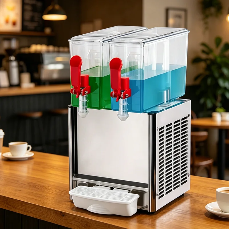 

Commercial 2-Tank Cold Beverage Dispenser 2x10L Stainless Steel Juice Drink Machine with Cooling System Ideal for Buffets Cafes