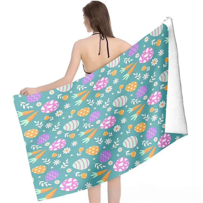 1pc Easter Egg & Carrot Print Bath Towel - Turquoise Green with Pink & Yellow Spring Eggshell Patterns, Soft Absorbent Quick-Dry