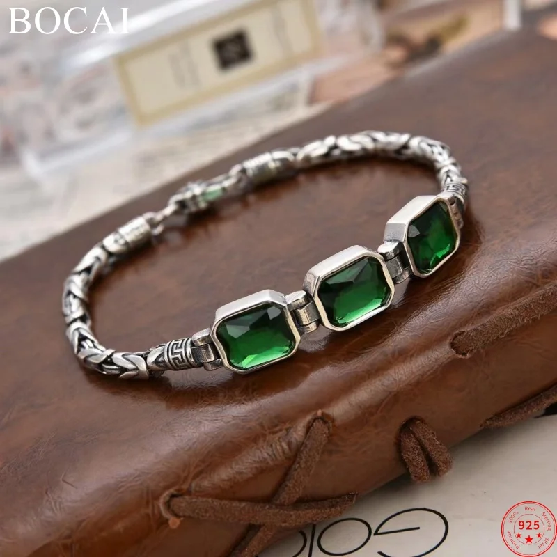 

BOCAI S925 Sterling Silver Bracelets for Women Men New Fashion Twist Bamboo-chain Inlaid Three Zircon Punk Jewelry Free Shipping