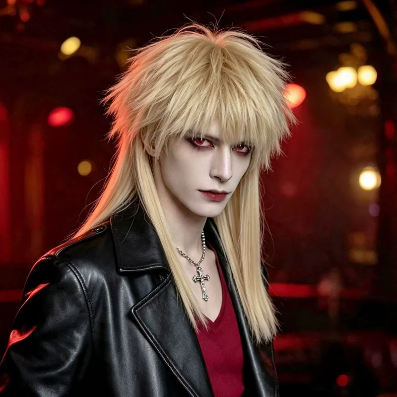 Blonde Synthetic Fiber Wig with Wolf Tail Style for Punk Fashion Rock Cosplay Party Stage Head Cover Accessories