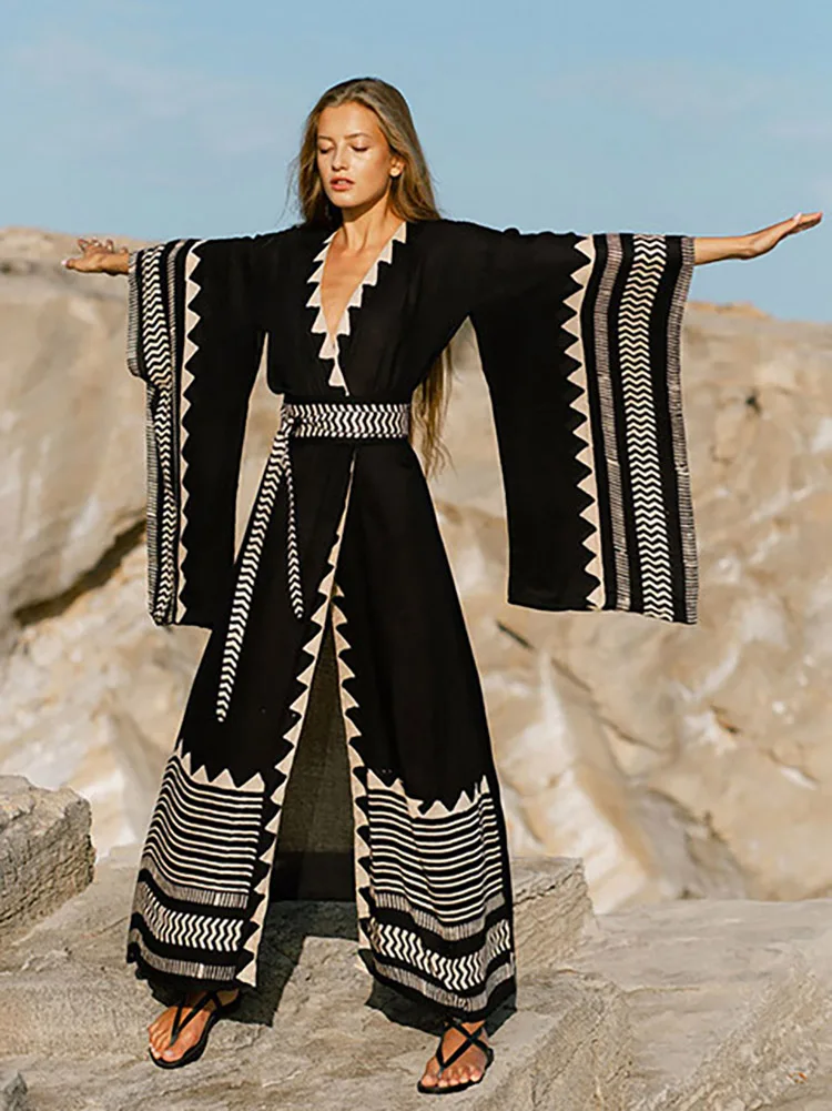 2023 Sexy Women Swimsuit Cover Up Beach Kimono Pareo Fashion Oversized Cuffs Tunic Long Dress Cardigan Summer Swimwear Beachwear