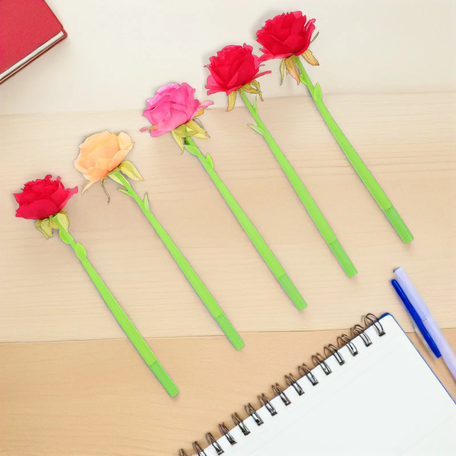 5Pcs Silicone Ballpoint Pens Simulated Rose Flower Pens Smooth Ink Writing Students Office Portable Stationery Gift