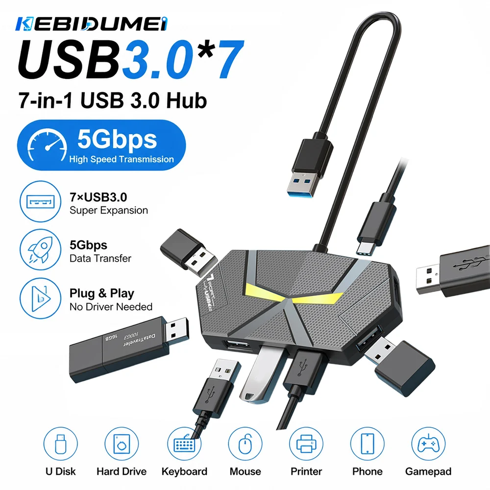 KEBIDUMEI 7 Ports Full USB 3.0 Hub 5Gbps High Speed OTG USB Splitter Type C Power Supply for External Hard Drive Laptop MacBook