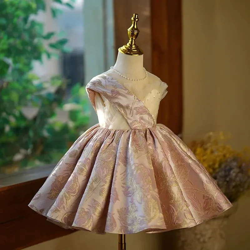 Robe de Princesse Plissée à Col Rond Personnalisée pour Enfant, Vêtement Imprimé en Fibre de Fleur, Patchwork en Maille, Motif Floral Fin, pour Anniversaire