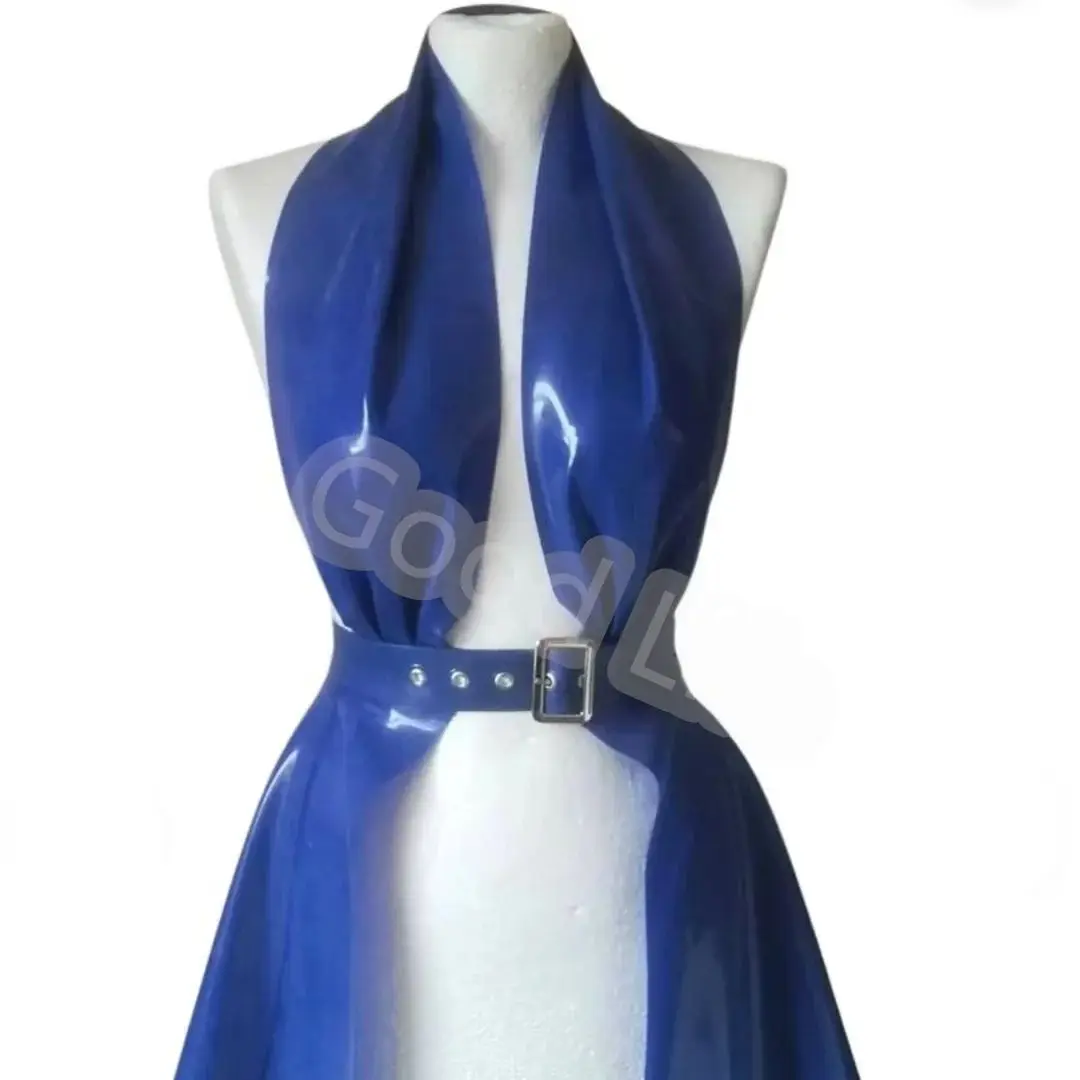 Handgemaakte latex vrouw jurk latex halter hals peplum riem jurk met taille gesp rubber dame backless rok Halloween kostuum - afbeelding 2