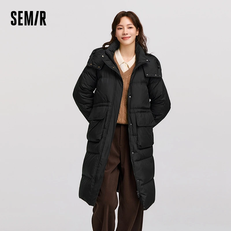 Semir Down Jacket Women Long Length Detachable Hooded 2024 New Winter Textured Winter Clothing