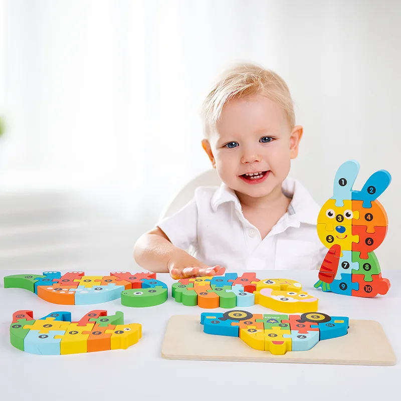 Puzzle en bois Montessori stéréoscopique 3D, dessin animé dinosaure, forme animale, couleur, jeu éducatif cognitif, jouet, cadeau d'anniversaire pour enfants