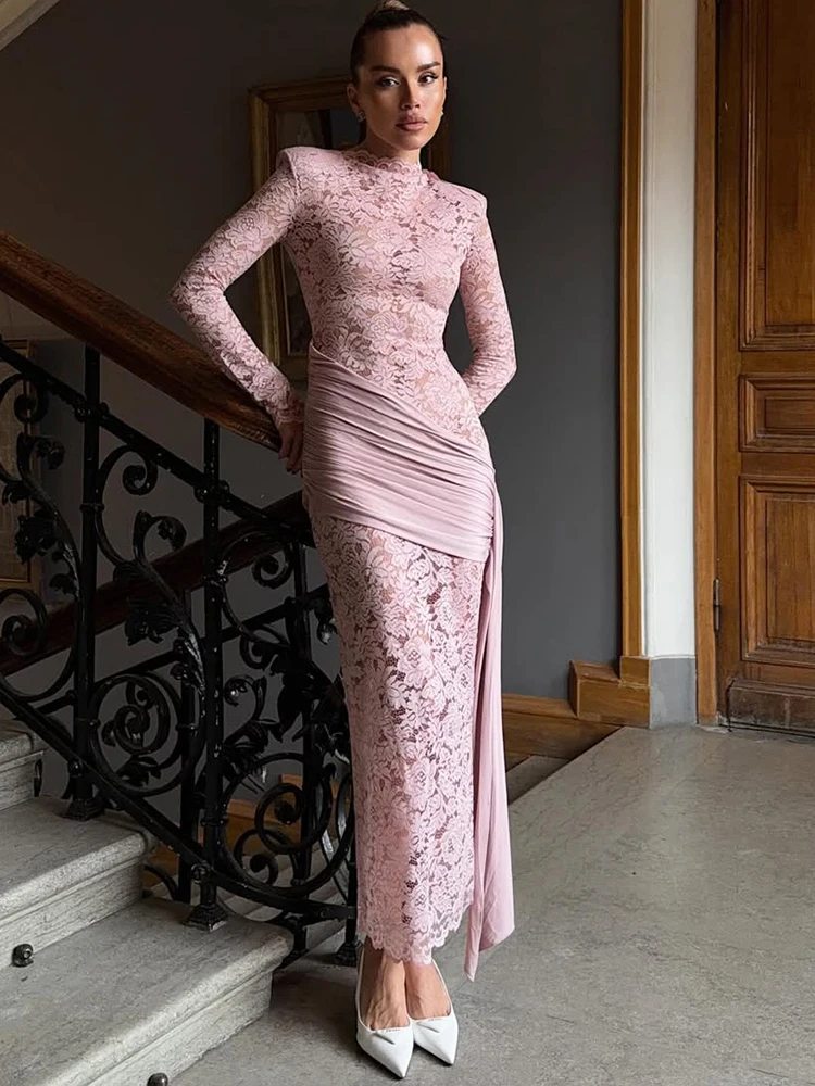 JULISSA MO Sexy Sheer Lace Long Sleeve Women Maxi Dress Shoulder Pads Print Floral Dress Winter Slim Elegant Party Clubwear 2025